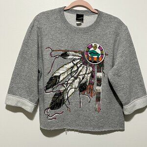 Diamond Dust Womens VTG 90s Cutoff Sweatshirt Sz S Grey Native American Graphic